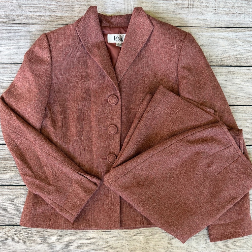 Le Suit Women's Dusty Pink Rust Tone Tweed Tailored Blazer Skirt Set Size 8 M